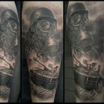War tattoo by Nicko Metalink #NickoMetalink #blackandgrey #tank #gasmask #soldier