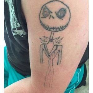 Jack Skellington scratcher tattoo, via tattoopoo on Tumblr. #wtf #tattoofail #fail #horrible #scratcher