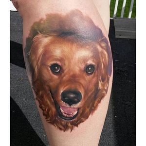 A color portrait of a Golden Retriever so realistic you just want to pet it. Tattoo by Kyle Cotterman. #goldenretriever #dog #realism #color #colorrealism #KyleCotterman