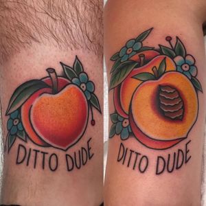 Matching tattoos by Cori James #CoriJames #matchingtattoos #traditional #color #foodtattoo #peach #fruit #flowers #text #quote #font #leaves #nature #tattoooftheday