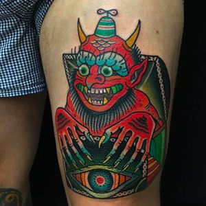 Creepy demon tattoo by Teide Tattoo #TeideTattoo #SevenDoorsTattoo #Neotraditional #Eccentric #AnimalTattoos #Demon #eye