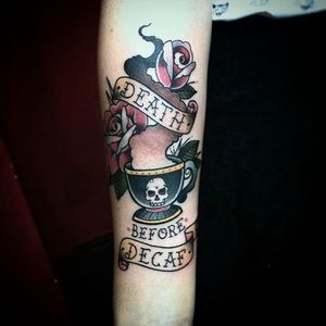 Coffee tattoo by Fred Chavez. #deathbeforedecaf #coffee #coffeelover #mug #drink #coffeelover