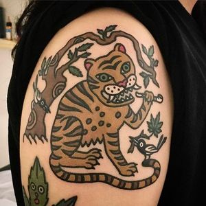Smoking Tiger and Pot Leaves Tattoo by Jiran @Jiran_Tattoo #Potleaf #Potleaftattoo #Weedtattoo #Weed #Cutetattoo #Neotraditional #JiranTattoo #Korea #Tiger