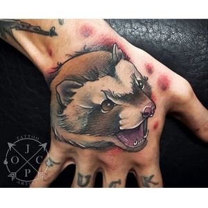 Ferret hand tattoo by Juan Pablo Obando Castillo. #neotraditional #ferret #handtattoo #JuanPabloObandoCastillo #animal #cute #critter #carnivore #creature #pet