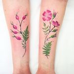 Matching flower tattoos by Noemi Sorrentino #NoemiSorrentino #besttattoos #color #watercolor #painterly #realistic #flowers #floral #pink #leaves #plants #nature #fern #matchingtattoos #tattoooftheday