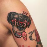 Trippin' pup tattoo by Vinz Flag #VinzFlag #funnytattoos #color #newtraditional #dog #acid #text #quote #sunglasses #petportrait #tripping #psychedelic