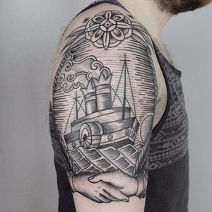 Beautiful line-work on this traditional style steamship sailor tattoo, photo from portfolio on iamvagabond.co.uk #PaulHill #VagabondStudio #traditional #blackworkers #ship #hands #sailor
