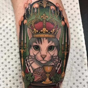 King of Cats by Drew Shallis #DrewShallis #color #neotraditional #cat #king #crown #ham #feast #grapes #candles #light #kitty #petportrait #animal #Dionysus #tattoooftheday