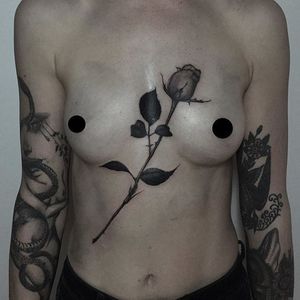 Rose tattoo by Kane Trubenbacher. #rose #blackandgrey #longstemmedrose #KaneTrubenbacher
