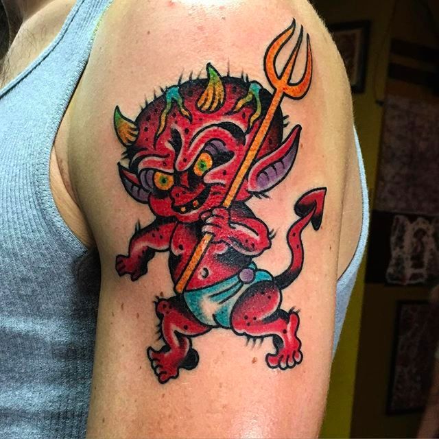 Tattoo uploaded by minerva  Little Red Devil Tattoo by Mike Fite MikeFite  goldclubelectrictattoo MikeFiteTattoo Goldclubelectrictattoo  Neotraditional Traditional brightandbold Red Devil  Tattoodo