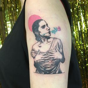 PJ Harvey tattoo by Dane Nicklas #DaneNicklas #tenderbrusselsprouts #musictattoos #music #color #blackandgrey #PJHarvey #rose #portrait #singer #musician #lady #illustrative