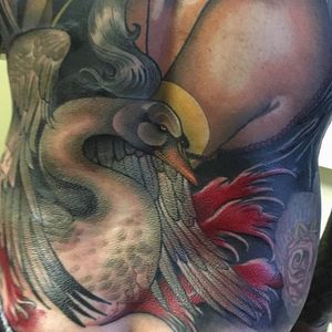 White swan as part of a larger back piece. Tattoo by Jasmin Austin. #neotraditional #swan #bird #JasminAustin