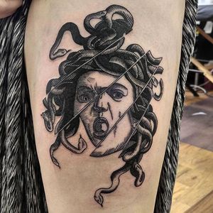 Medusa's Head Tattoo by Jonathan Love @Jonald_Juck #JonathanLove #Black #Blackwork #Oddtattoos #Blackworkers #EODTattoo #Denver #Medusa #Medusatattoo