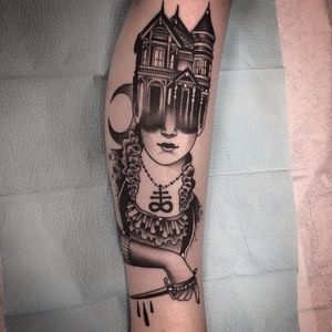 Blackwork manor portrait tattoo by Tyler Allen Kolvenbach. #TylerAllenKolvenbach #blackwork #manor #house #dark #grim #portrait #dagger #woman #victorian