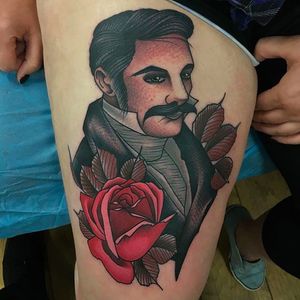 A portrait of a gent with some leaves and a rose. Tattoo by Dan Hartley. #DanHartley #TripleSixStudios #NeoTraditional #rose #gentleman