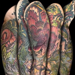 Neo traditional squirrel and owl sleeve tattoo by Teresa Sharpe. #neotraditional #TeresaSharpe #ol #sleeve #squirrel #lamp #moth