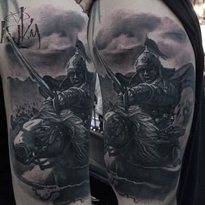 Warrior Tattoo by Maksims Zotovs #BlackandGrey #BlackandGreyRealism #RealismTattoos #BlackandGreyTattoos #MaksimsZotovs