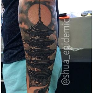 Pagoda tattoo by shua_epidemic on Instagram. #architecture #pagoda #blackandgrey #architecturetattoo #pagodatattoo