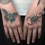 Black and grey hand tattoos by Javier Betancourt. (IG - javierbetancourt) #SESSIONS #JavierBetancourt #HandTattoo #Scorpion #Butterfly