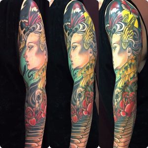 Decorative neo traditional sleeve by Justin Acca. #neotraditional #JustinAcca #sleeve #decorative #woman #flowers #butterfly #neotraditionalsleeve