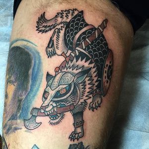 Battle Wolf Tattoo by Ian Bederman #animaltattoo #traditionalanimal #traditional #quirkytattoos #IanBederman #wolf