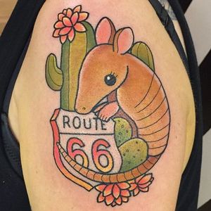 The cutest of cute armadillo and Route 66 tattoo by Meri. #route66 #armadillo #cactus #cute #tattoosbymeri #Meri