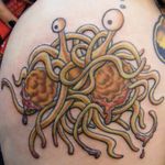 The Flying Spaghetti Monster by an unknown artist. #TheFlyingSpaghettiMonster #traditional