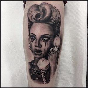Black and grey Bey portrait tattoo by Pete Belson. #blackandgrey #petethethief #PeteBelson #portrait #beyonce #celebrity
