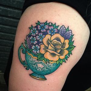 Tea cup and flowers tattoos for sisters. By Sami Locke. #sisters #flowers #teacup #traditional #SamiLocke