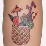 Fruit cocktail tattoo by Brindi #Brindi #foodtattoos #color #traditional #Japanese #mashup #pineapple #umbrella #straw #cocktail #watermelon #mushrooms #cute #drink #alcohol #fruit