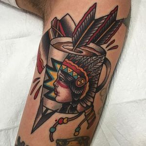 Coffee Cup Tattoo by James Cumberland #coffee #nativeamerican #neotraditional #neotraditionalartist #traditional #JamesCumberland