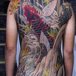 Koi swimming upstream by Aod #aodnttattoo #aod #koi #asian #waves #leaves #color #Japanese #fish #nature #tattoooftheday