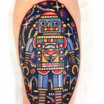 Mr. Robot of Love by Dani Queipo #DaniQueipo #newtraditional #color #robot #butt #stars #city #galaxy #scifi #tattoooftheday