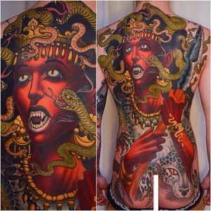 Awesome medusa back piece tattoo by Peter Lagergren. #PeterLagergren #snake #neotraditional