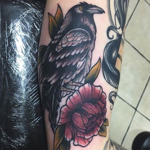 Raven tattoo by Maddison Magick #MaddisonMagick #blackandgrey #blackwork #raven #crown #bird