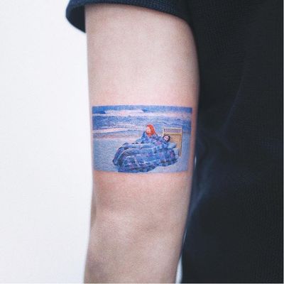 Eternal Sunshine of the Spotless Mind tattoo by Sol Tattoo #SolTattoo #movietattoos #color #watercolor #painterly #eternalsunshineofthespotlessmind #surreal #bed #snow #ocean #beach #love #heartbreak