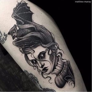 Superb Victorian beauty tattoo by Matthew Murray #MatthewMurray #blackwork #blackandgrey #monochrome #gothic #victorian #bat