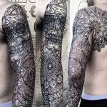 Cool sleeve tattoo by Laurent Z #LaurentZ #skull #dotwork #mandala #geometric