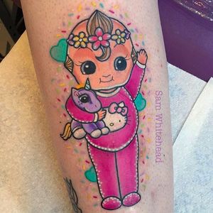 Pink Baby Tattoo by Sam Whitehead @Samwhiteheadtattoos #Samwhiteheadtattoos #Colorful #Girly #Girlytattoo #Neotraditional  #Blindeyetattoocompany #Leeds #UK #Baby #pink