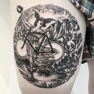 Goddess Tattoo by Massimo Gurnari #bike #landscape #mountain #goddess #blackwork #illustrative #darkart #etching #linework #MassimoGurnari