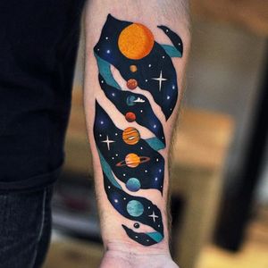 Tattoo by David Cote @thedavidcote #space #color #unique #planet #solarsystem