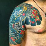 Solid and clean Koi tattoo with sakura. #DavidRamirez #JapaneseTattoo #KOI #sakura #japanese #Japanesestyle