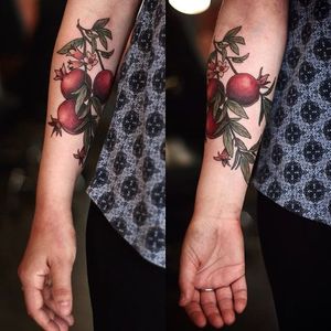 Garden-inspired tattoo by Alice Carrier. #AliceCarrier #flower #garden #plant #neotraditional #pomegranate #fruit
