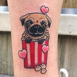 A side of pug with your popcorn. Popcorn tattoo by @tattoosbymeri. #popcorn #pug #dog #traditional #tattoosbymeri