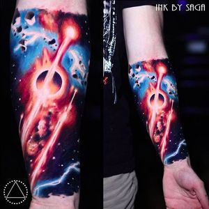 Meteors and Asteroids Galaxy Tattoo by Saga Anderson @inkbysaga #SagaAnderson #InkbySaga #Realistic #Galaxy #Cosmic #Universe #Stars #Planets #Meteor #Asteroid #Realismclub