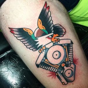 Engine Tattoo by Scott Moss #engine #mechanical #traditional #ScottMoss