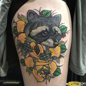 Peach tattoo by Marcus Hardy. #peach #fruit #raccoon #neotraditional