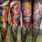 Insane Japanese leg sleeve by Rodney Raines at Ace Custom Tattoo (IG rodneyraines) #RodneyRaines #legsleeve #Japanese