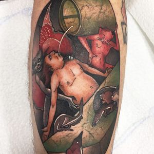 Tattoo by Guen Douglas #GuenDouglas #neotraditional #color #finearttattoo #fineart #painting #hieronymusbosch #demons #devil #surreal #drinking #strange #animals