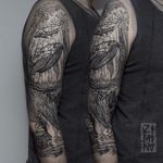 Fantasy sleeve tattoo by Zhenya Zimina #ZhenyaZimina #blackwork #engraving #whale #btattooing #blckwrk #sleeve #blackworksleeve